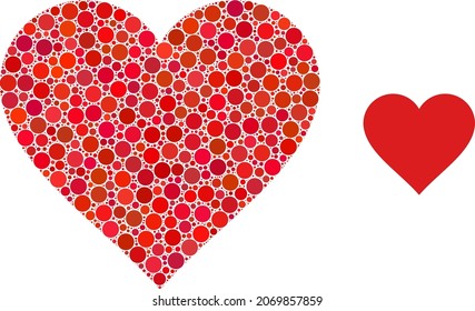 Heart vector composition of round dots in variable sizes and color tones. Round dots are composed into heart vector mosaic. Abstract vector design concept.