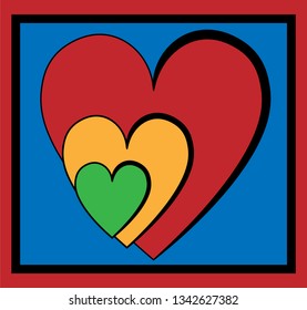 Heart vector design with full colors concept, red, yellow, green for hearts, blue for background, and red for frame 