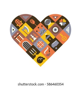 Heart, vector flat illustration, icon set, white background. Chest, skull, ax, rose, tree, smoking pipe, key, eye, knight