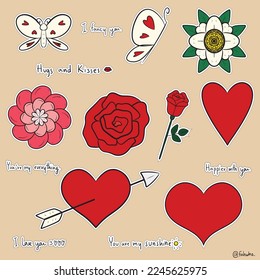 heart vector, flower vector, love quotes, valentine theme, sticker with white border