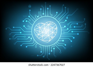 Vector de corazón resplandece en la ciberseguridad de la tarjeta de circuitos en la pantalla vintage azul oscuro con log to scan contraseña diseño de sistema de inicio de sesión para el concepto de fondo de la tecnología de tarjetas de felicitación