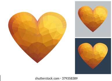 Heart vector in golden low poly style on white, gray and dark background.