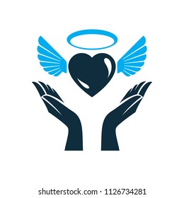 Heart vector graphic illustration, love and freedom metaphor symbol. Guardian angel vector abstract emblem.