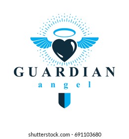 Heart vector graphic illustration, love and freedom metaphor symbol. Guardian angel vector abstract emblem.