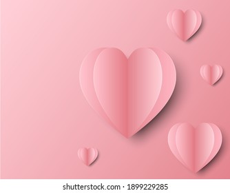 Heart vector greeting card. Decorative paper cut heart. Romantic love pink color background, poster, banner. Place for text. Paper craft digital art.