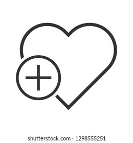 Heart vector icon. Add heart vector sign. Plus love linear heart icon. Valentines day heart icon. EPS 10 flat symbol