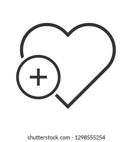 Heart vector icon. Add heart vector sign. Plus love linear heart icon. Valentines day heart icon. EPS 10 flat symbol
