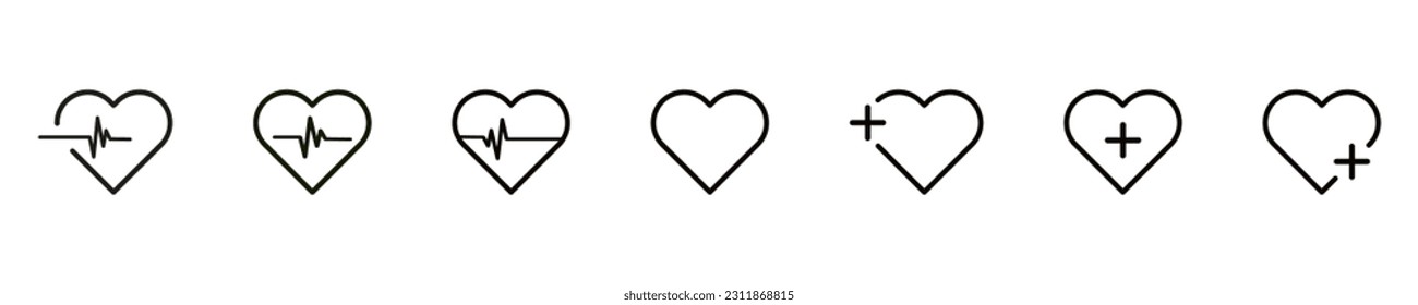 Icono del vector del corazón.  Colección de señales de latidos vectoriales o iconos lineales.   Forma cardíaca con línea de pulso. Ilustración del vector