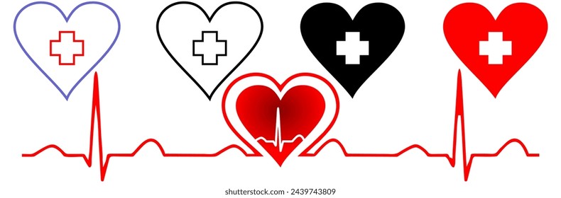 
Heart vector icon. Collection of vector heartbeats signs or linear icons. Heart shape with pulse line. Vector illustration.