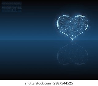 Heart, vector icon. eart and line pulse digital technology with mirror reflection. ealthcare and medical hologram low poly wireframe. Hospital and treatment blue dark background.