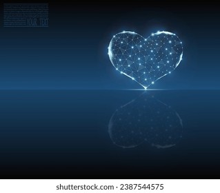 Heart, vector icon. eart and line pulse digital technology with mirror reflection. ealthcare and medical hologram low poly wireframe. Hospital and treatment blue dark background.