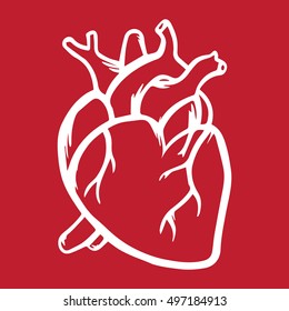 Heart vector icon hand drawn white on red