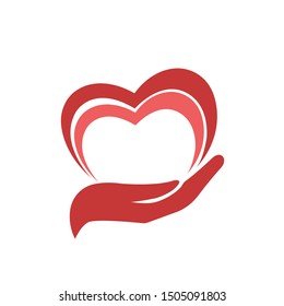 Heart vector icon. Illustration of hand holding heart isolated on white background. Medicine icon, kindness and charity. Vector web design