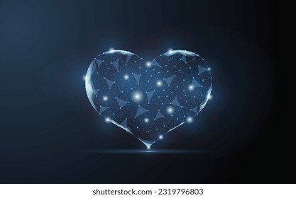 Corazón, icono vector. Р tecnología digital de pulso de oreja y línea. Р sanidad y holograma médico de baja polilla. El hospital y el tratamiento de fondo azul oscuro.