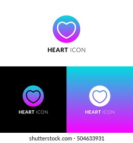 Heart vector icon, logo. Decorative love symbol in circle. Like line sign with trend green-pink gradient color on white and black background. Emblem for template design.
