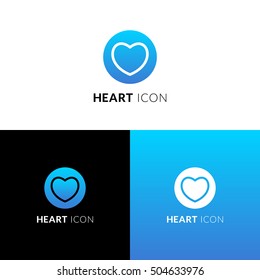 Heart vector icon, logo. Decorative love symbol in circle. Like line sign with trend blue gradient color on white and black background. Emblem for template design.
