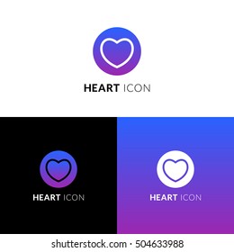 Heart vector icon, logo. Decorative love symbol in circle. Like line sign with trend violet-purple gradient color on white and black background. Emblem for template design.