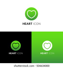 Heart vector icon, logo. Decorative love symbol in circle. Like line sign with trend green gradient color on white and black background. Emblem for template design.