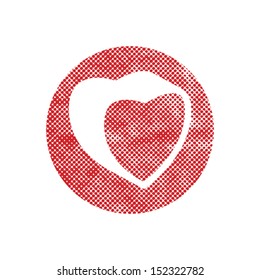 Heart vector icon with pixel print halftone dots texture.