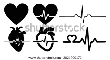 Heart Vector Icon Set, Heartbeat Line, Cardiology Anatomic Heart, and ECG Pulse Icons