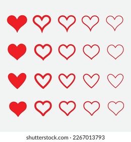 Juego de iconos de vector de corazón, conjunto de símbolos de amor, vector de siluetas de corazón plano. Elemento decorativo de la plantilla del cartel de amor para la tarjeta de invitación a la boda.