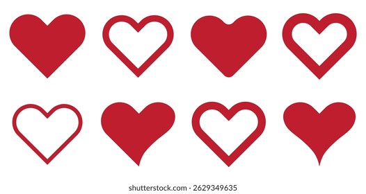Ícones de vetor cardíaco. Coração vermelho artístico amor símbolos isolados vetor editável.  Conjunto de ícones do vetor cardíaco isolados no fundo branco. Ilustração vetorial.