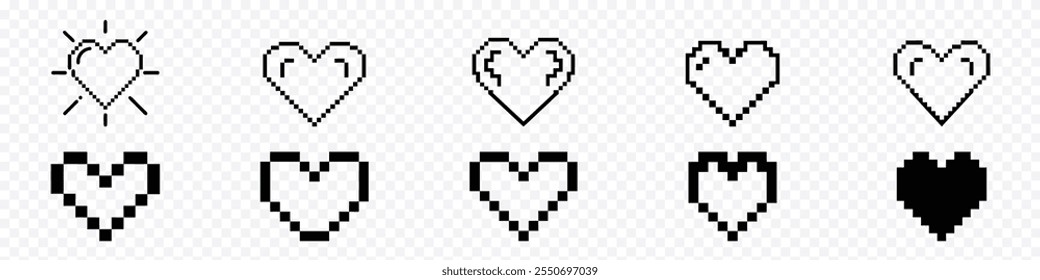 Ícones de vetor cardíaco. Ícones Pixel Heart. Ícone de pixel do coração. Ama o conjunto de ícones do vetor do jogo. Pixel corações definir ícone em estilo retro. Coleção de ícones do Pixel Heart.