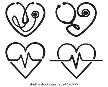 Heart vector icons set, featuring heartbeat symbols on an isolated background. Linear style cardiogram heart logos for various uses