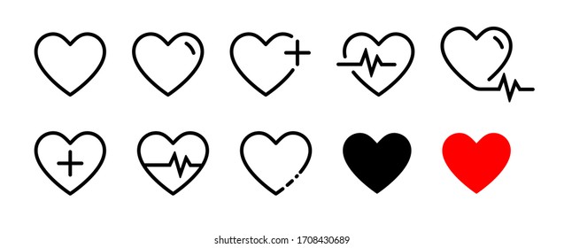 Heart vector icons. Set of heartbeat icon on isolated background. Symbol cardiogram heart logo in linear style. Vector