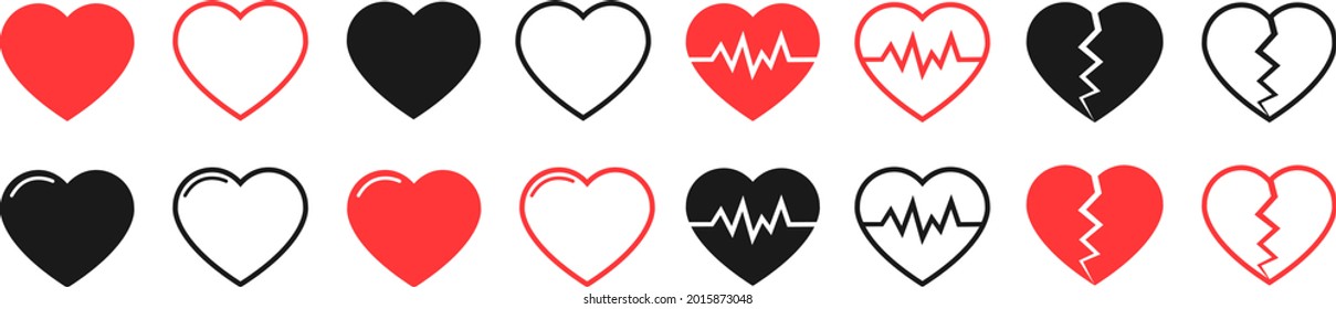 Iconos vectoriales de corazón. Conjunto de latidos del corazón rotos y corazón normal. Colección de símbolos de amor.
