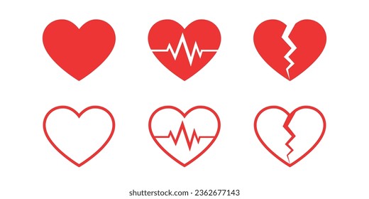 Heart vector icons. Set of heartbeat, broken heart, and Normal heart symbol icon collection.