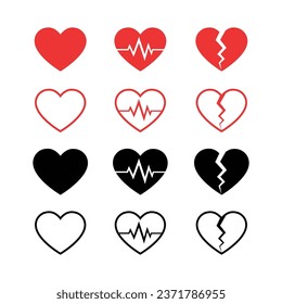 Iconos vectoriales de corazón. Conjunto de latidos del corazón, corazón roto y colección de iconos de símbolos de corazón normal