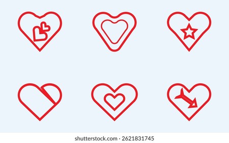 Herzvektorsymbole. Satz von Liebessymbolen einzeln.  Einfache Linienzeichnung eines Herzsymbols, Vektorgrafik, einfache Formen, ClipArt-Stil, weißer Hintergrund,