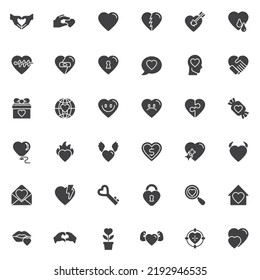 Heart vector icons set, modern solid symbol collection, filled style pictogram pack. Signs, logo illustration. Set includes icons as broken heart, romantic letter, search love, wedding, charity