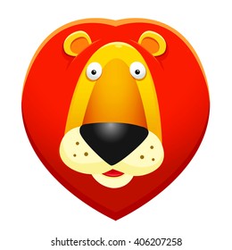 Heart. Vector illustration of funny cartoon lion head on white background. Vector illustration, clip-art, isolated on white background