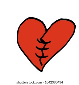 Heart vector illustration. Icon. Red heart with stitches. Broken heart, pain, suffering.
