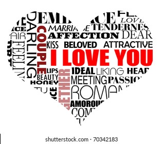 Heart vector illustration with various love words written in different styles