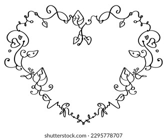Heart from vector leaves and hearts, decorative outlines - black lines on a white background. Doodles. St. Valentine's Day card.