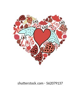 Heart vector with lips, flying hearts, words love, bows and floral elements. Valentine romantic background.