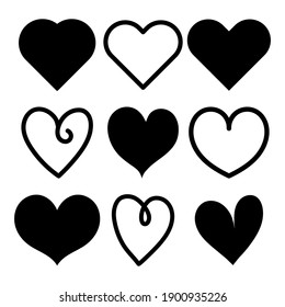 Heart vector. Love icon of black hearts scribble. Hand drawn cartoon design isolated on white background.  Elements for Valentines. Symbols of love. Vector illustration.