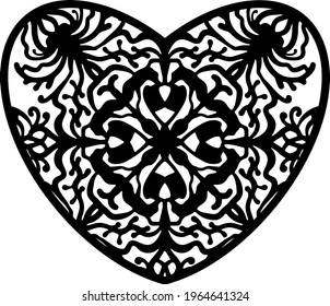 Heart vector mandala. Paper or laser cut template. Valentine card, wedding invitation. For names, your text. Decorative symbol of the holiday. Plotter cutting, T-shirt printing, carving.