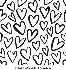 Heart vector pattern. Doodle hand drawn hearts seamless background. Ink illustration. Black and white.