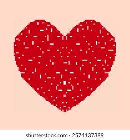 Heart vector of pixel art of Valentines theme. Red heart pixel with small geometric shapes. Love icon, romantic, sweet, trend, modern concept for Valentine's Day. Pixel heart on beige pink background.