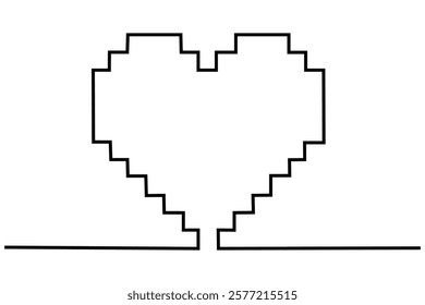 Heart vector pixel continuous one line drawing, Love symbol black isolated vector signs.