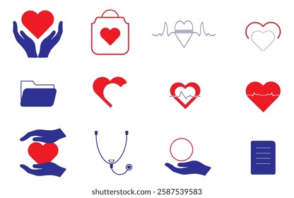 Heart vector, pulse, stethoscope, hands, folder and blank. Set illustrations for clinic website, business card, poster, logo or icons