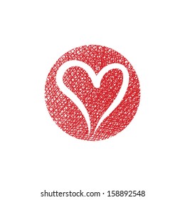 Heart vector round icon with hand drawn lines texture.