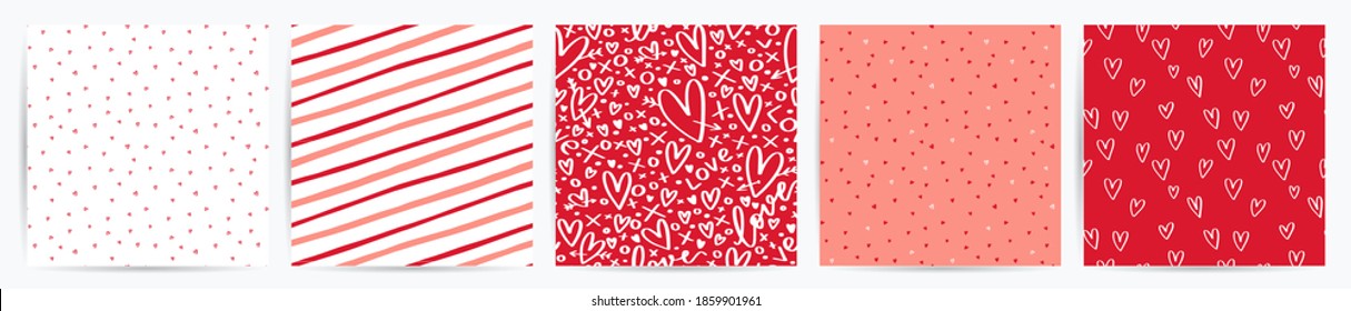 Heart vector seamless pattern set for Valentine’s day gift wrapping, fabric, poster or banner background. Red and peach colour repeating designs.