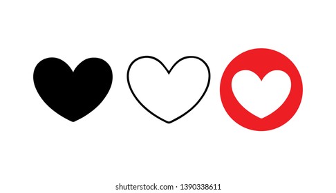 Heart vector set, black solid heart, fine line heart, red heart.