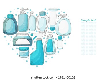 Heart vector set of elements. Set of bathroom elements in hand draw style. Collection of cans, packages. Antiseptic