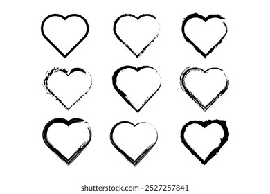 Conjunto de Vector de corazón de corazones grunge icono. Símbolo de signo de corazón de trazo de cepillo de forma diferente aislado en blanco  